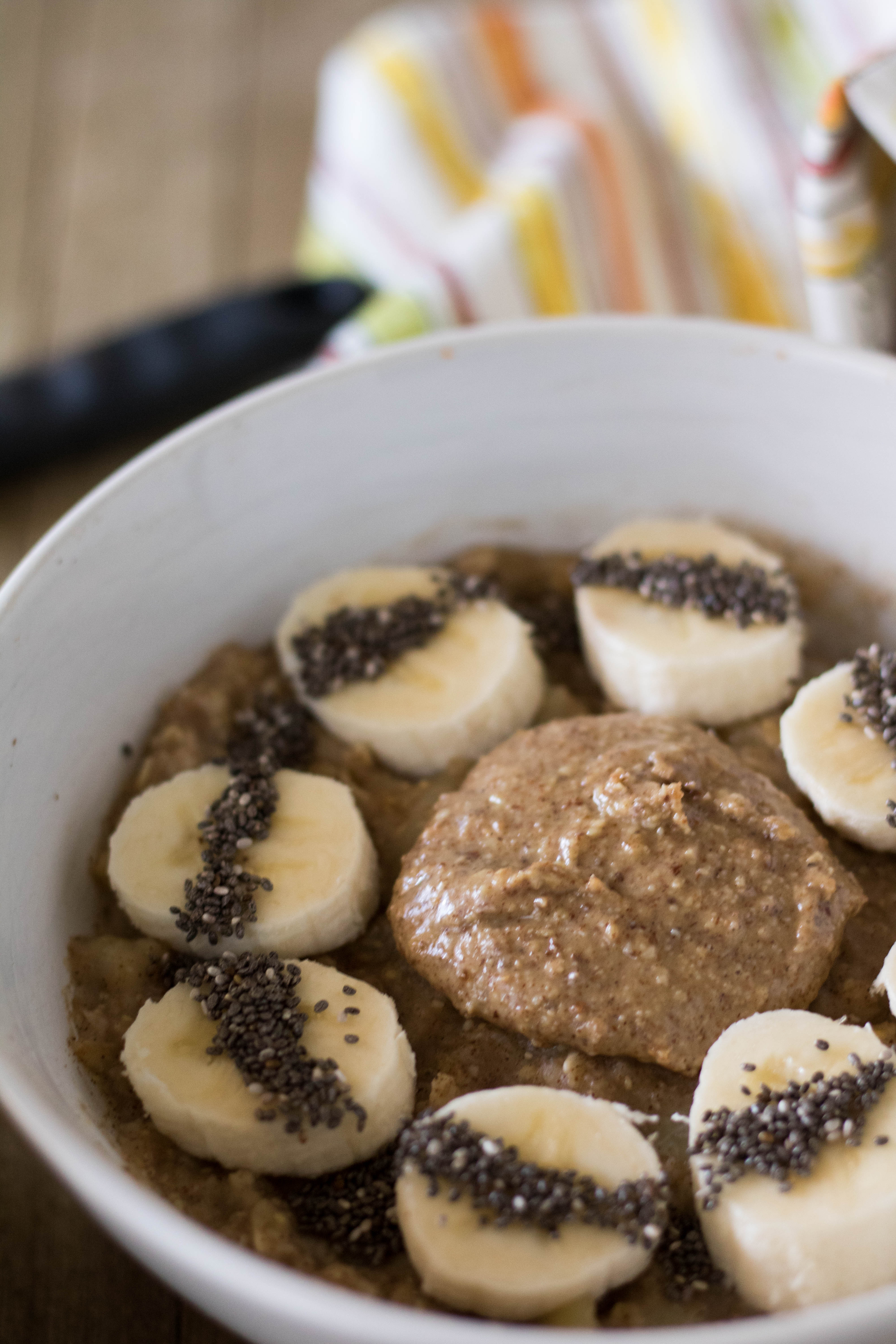 no sugar added banana oatmeal with nut butter and chia seeds