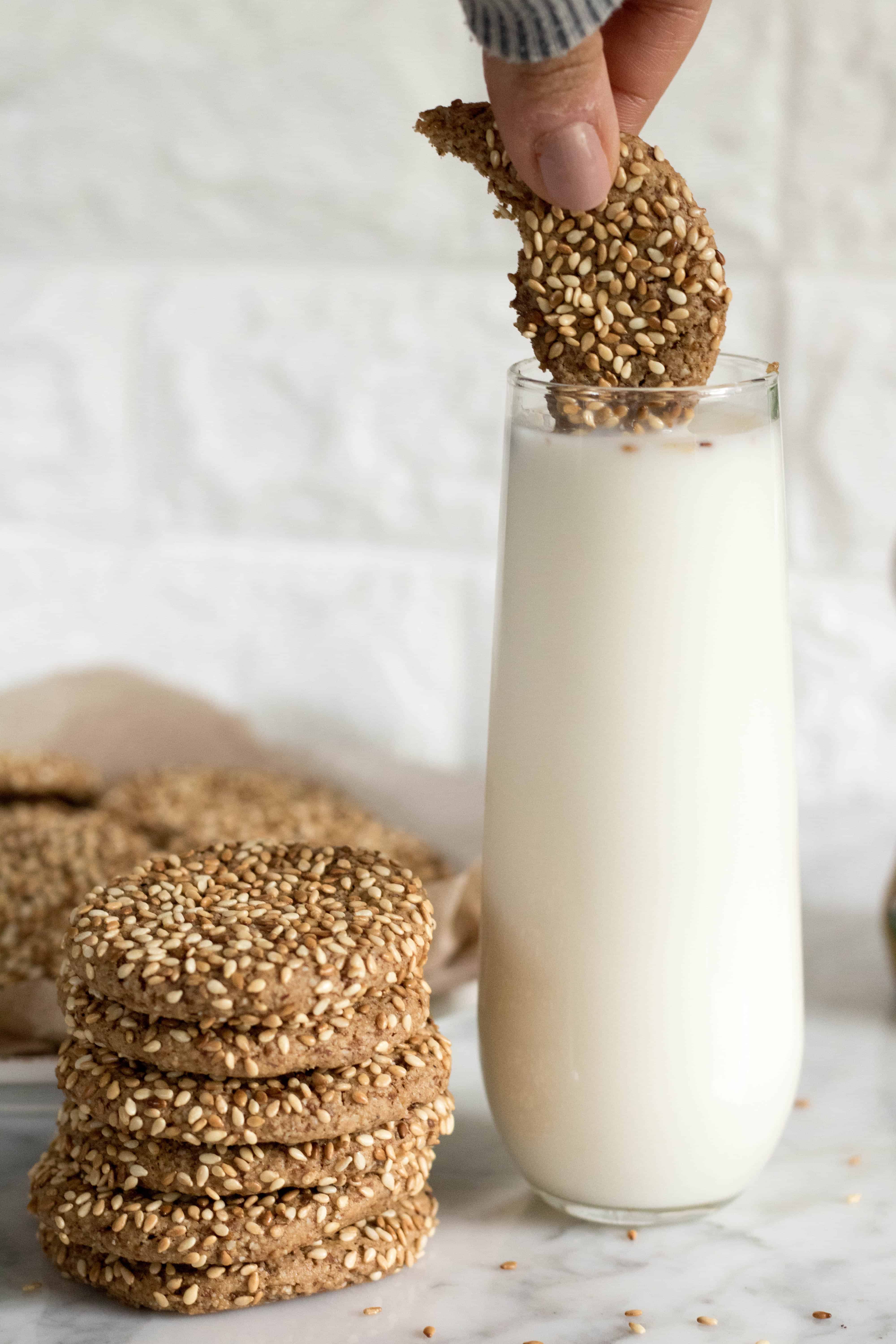 sesame seed tahini cookies and milk