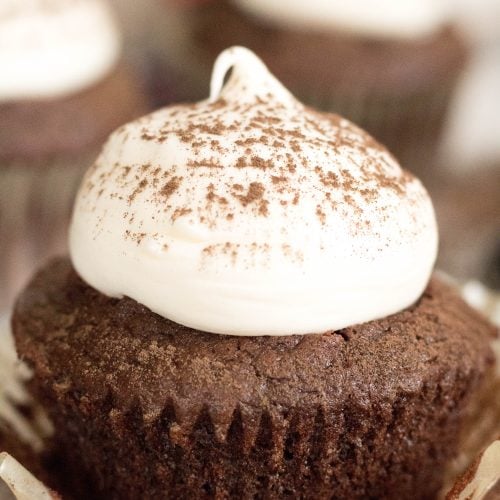 Chocolate cupcake with a dollop of cream cheese frosting and a light dusting of hershey's cocoa! 