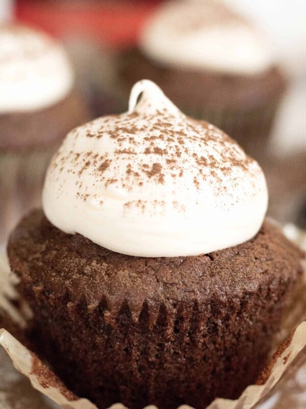 Chocolate cupcake with a dollop of cream cheese frosting and a light dusting of hershey's cocoa! 