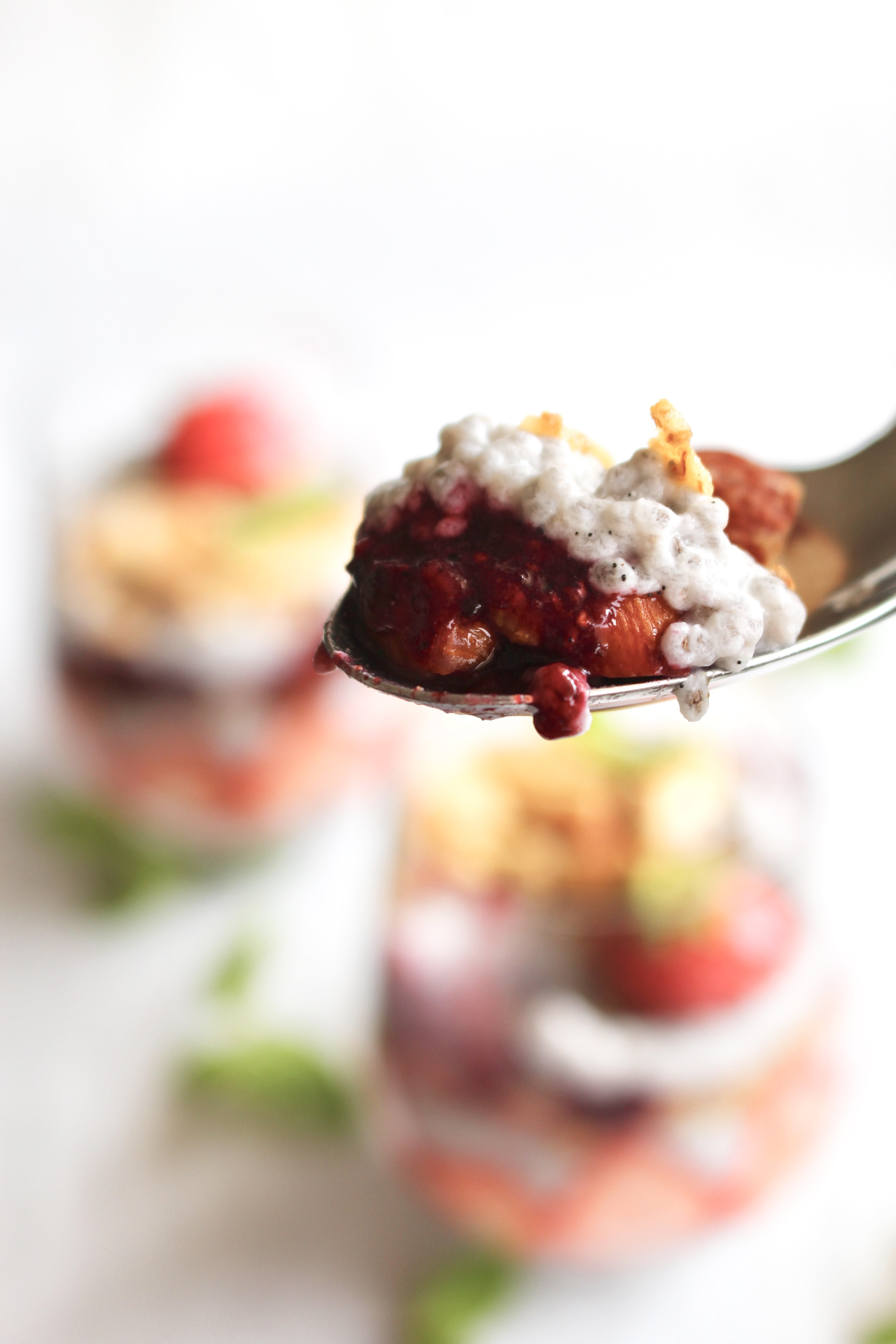 Chia seed parfait with strawberries and berry puree 