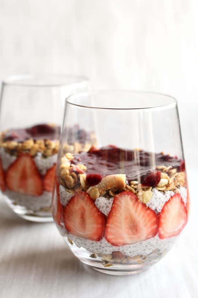 Chia seed parfait with strawberries and berry puree