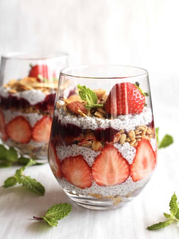 Chia seed parfait with strawberries and berry puree