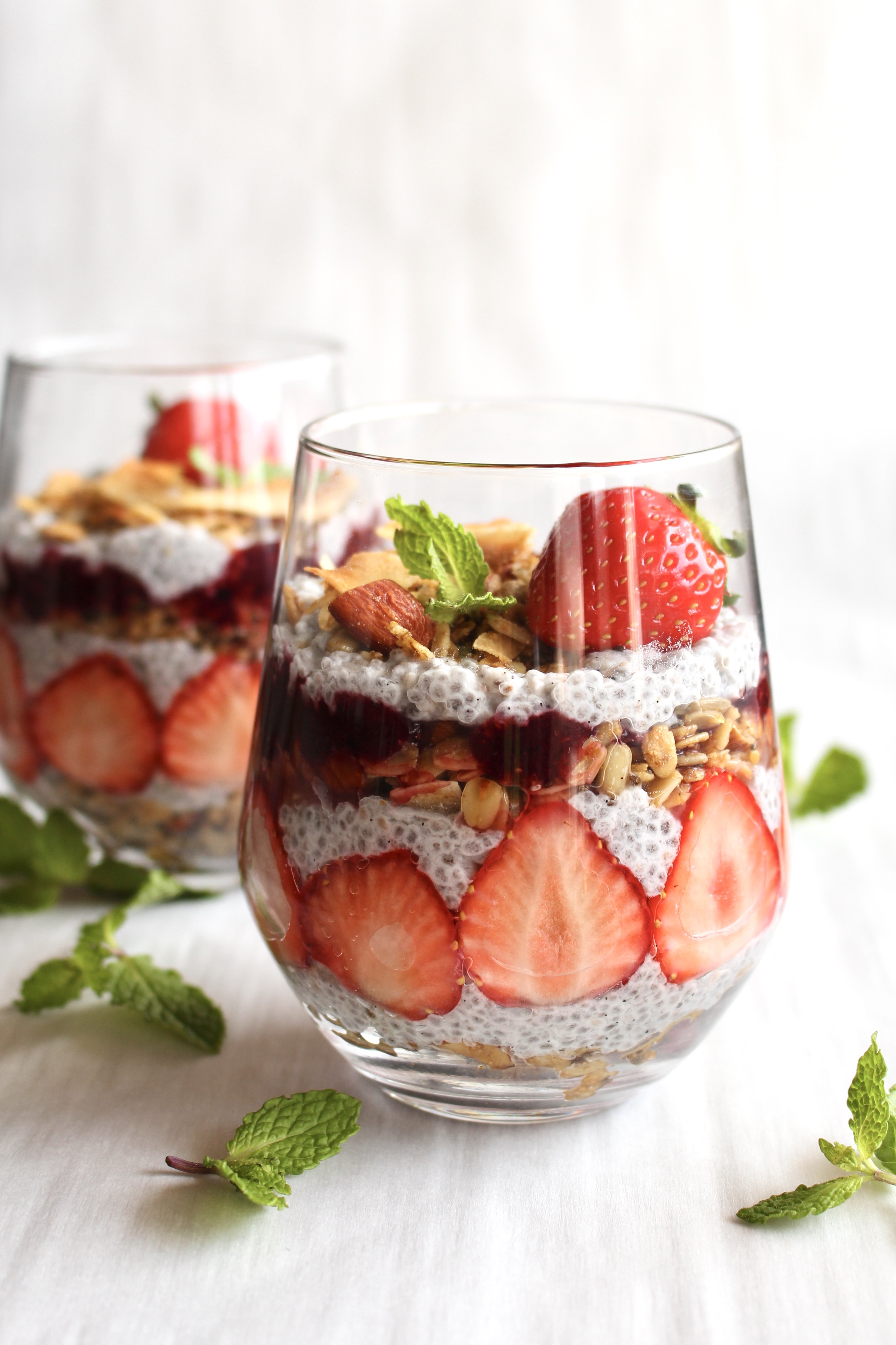 Chia seed parfait with strawberries and berry puree