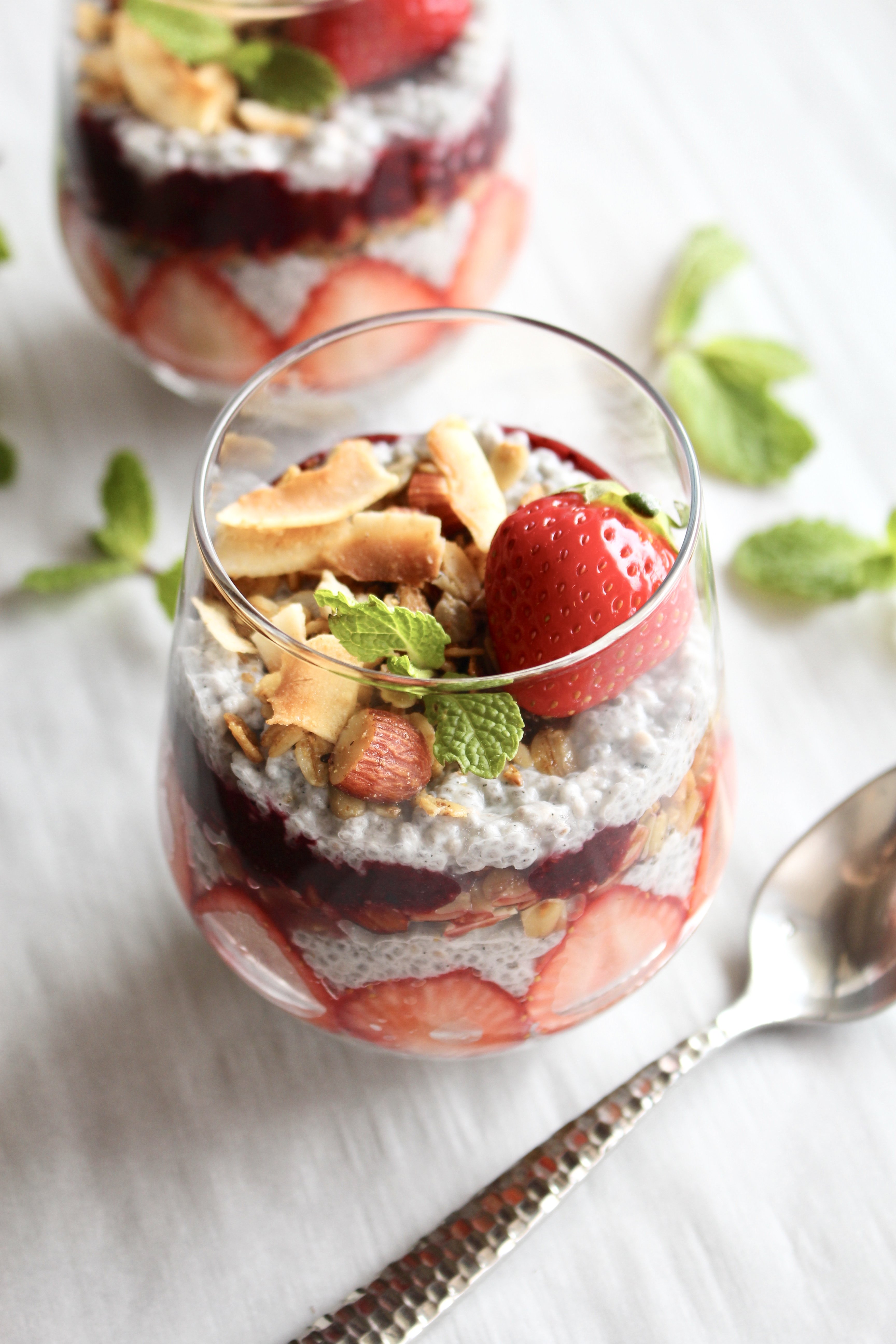 Chia seed parfait with berries, coconut, and strawberries!