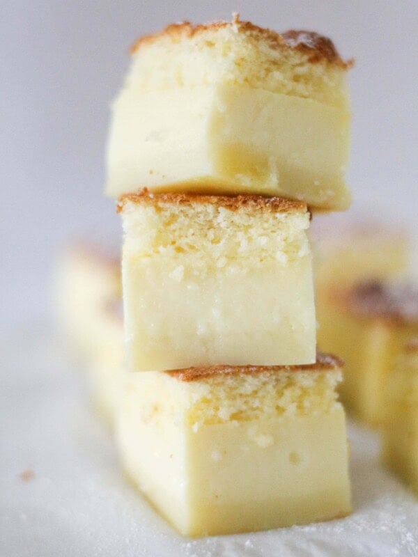 vanilla magic cake stacked with three different layers