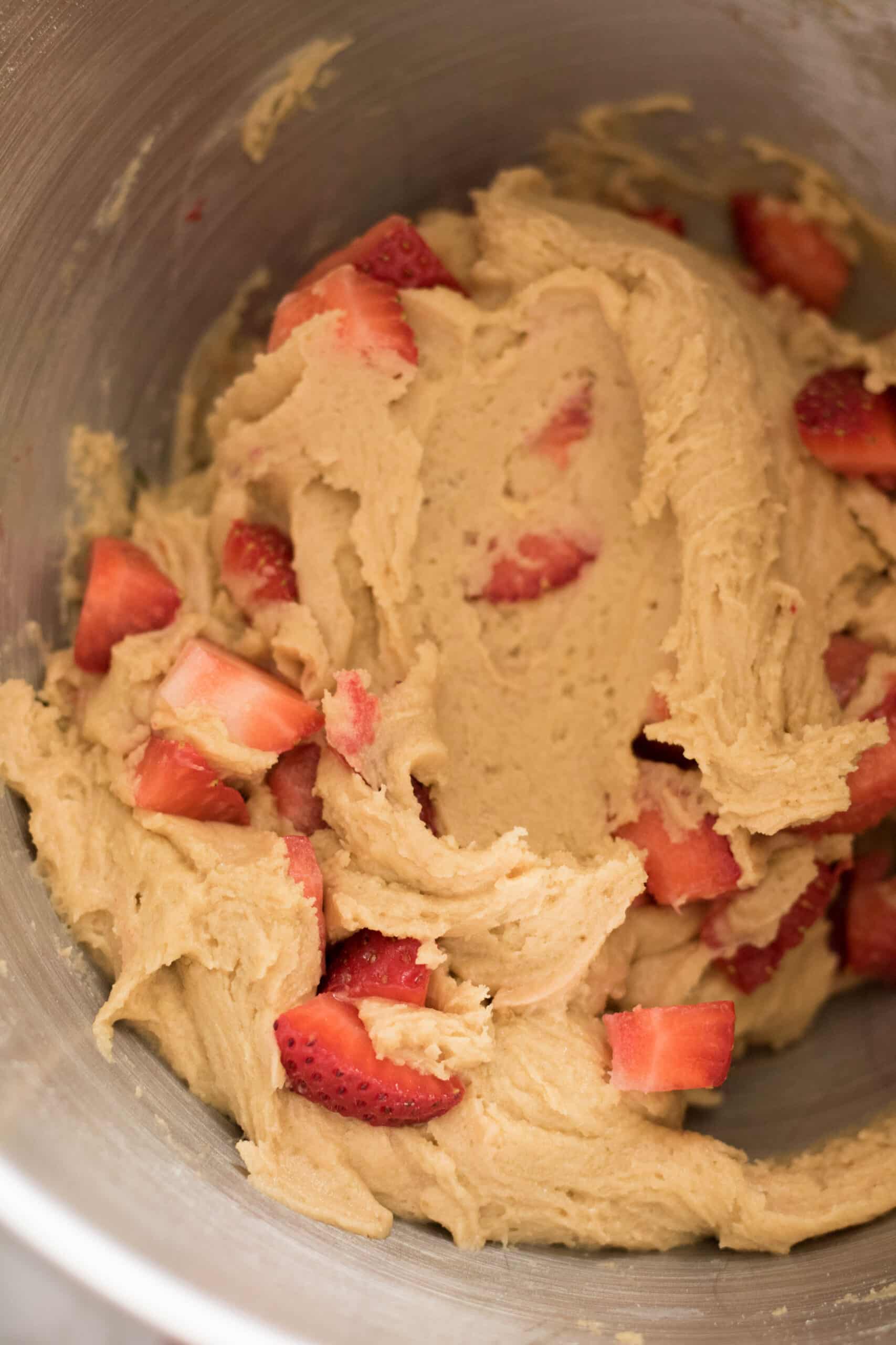 Strawberry blondie batter in mixing bowl
