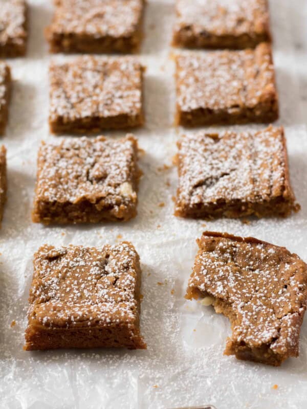 Chickpea pumpkin blondies squares with powdered sugar