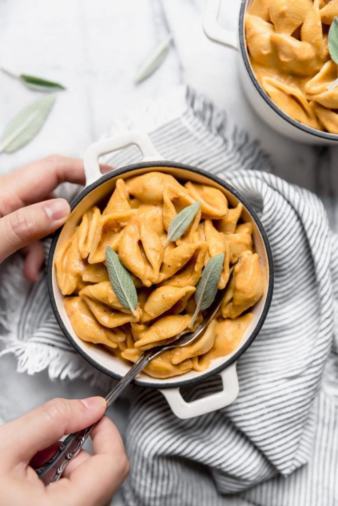 Pumpkin Vegan Mac and cheese with sage leaves on top