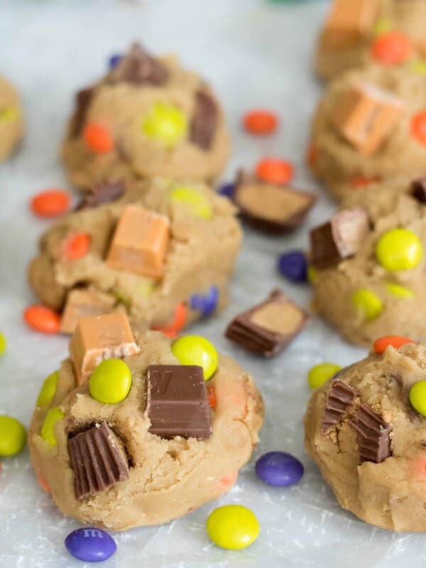Cookie dough with colorful chocolate and candy