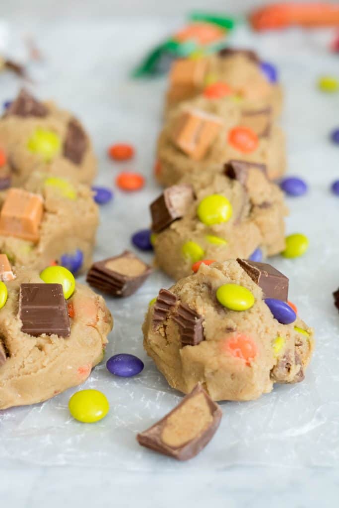 Cookie dough with colorful chocolate and candy