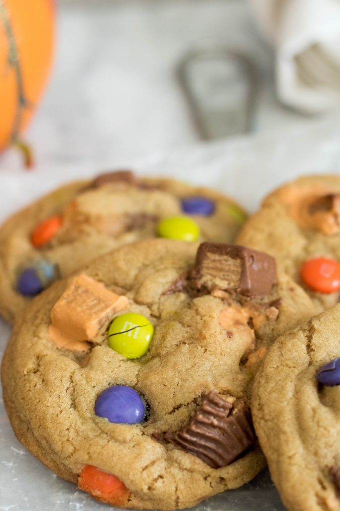Baked Leftover Halloween Candy Cookies close up