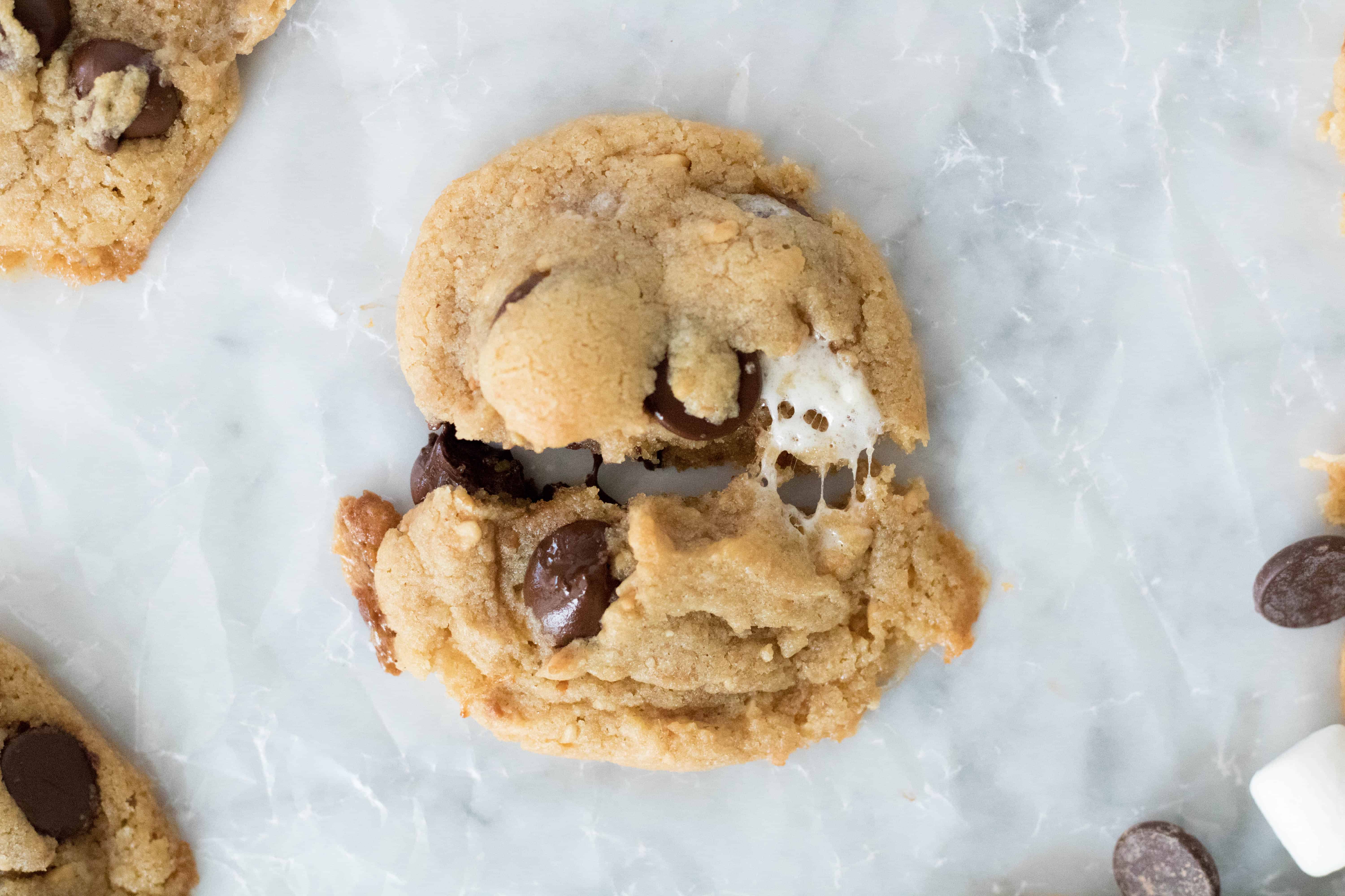 Overhead shot of a peanut butter s'mores cookies