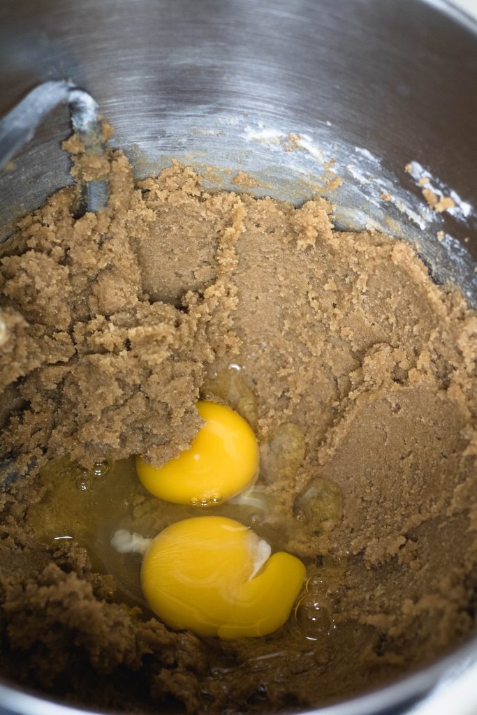 Creamed butter, sugar and added eggs for chocolate chip cookies