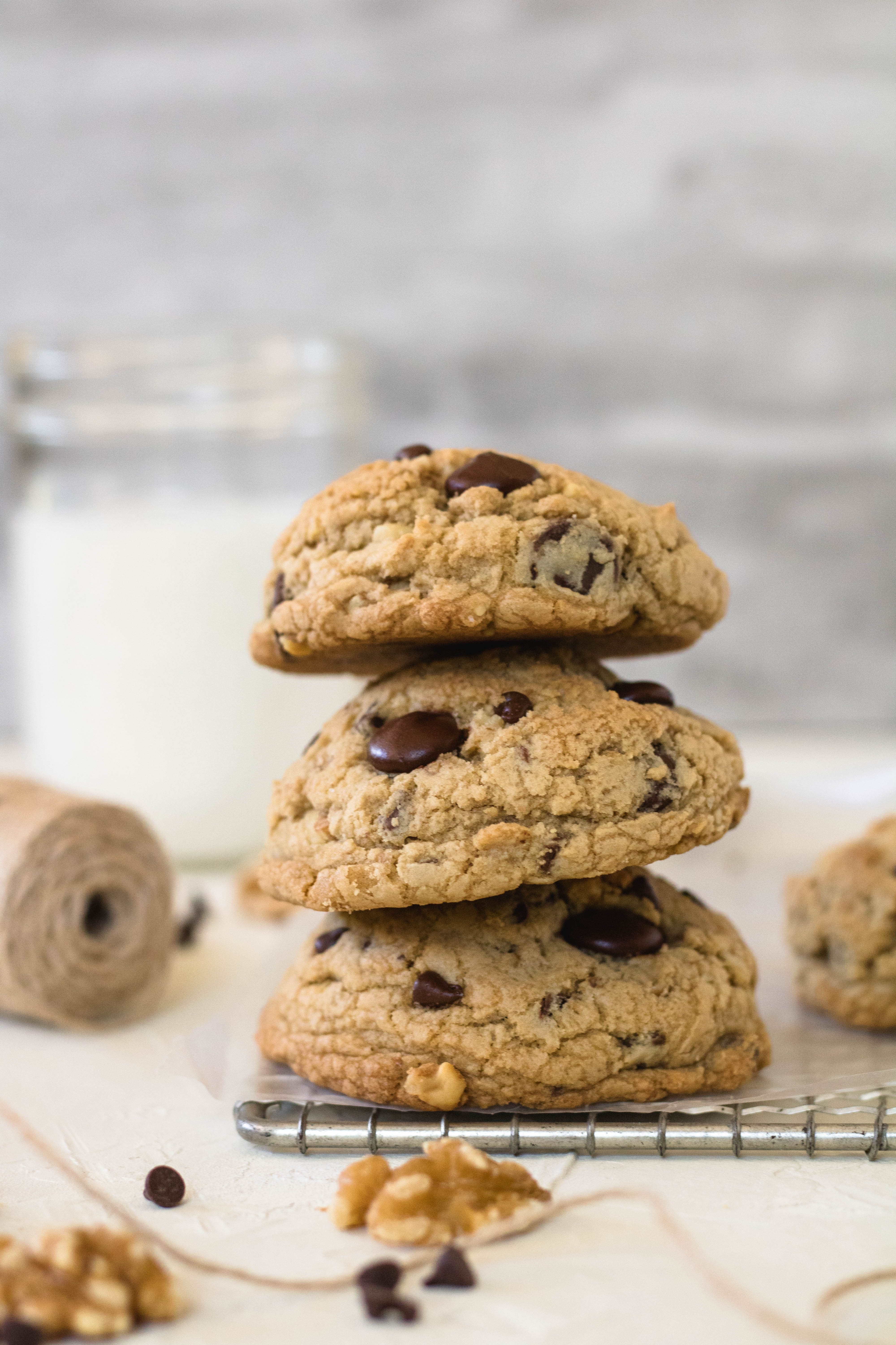 Thick chocolate chip walnut cookie stack