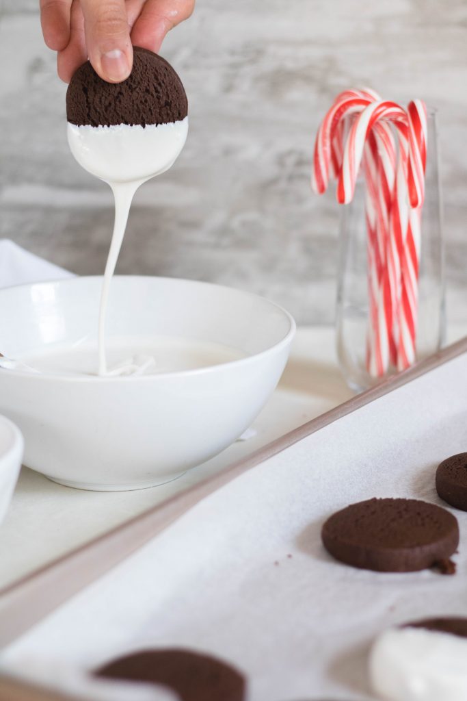 Chewy double chocolate peppermint cookies dipped in chocolate
