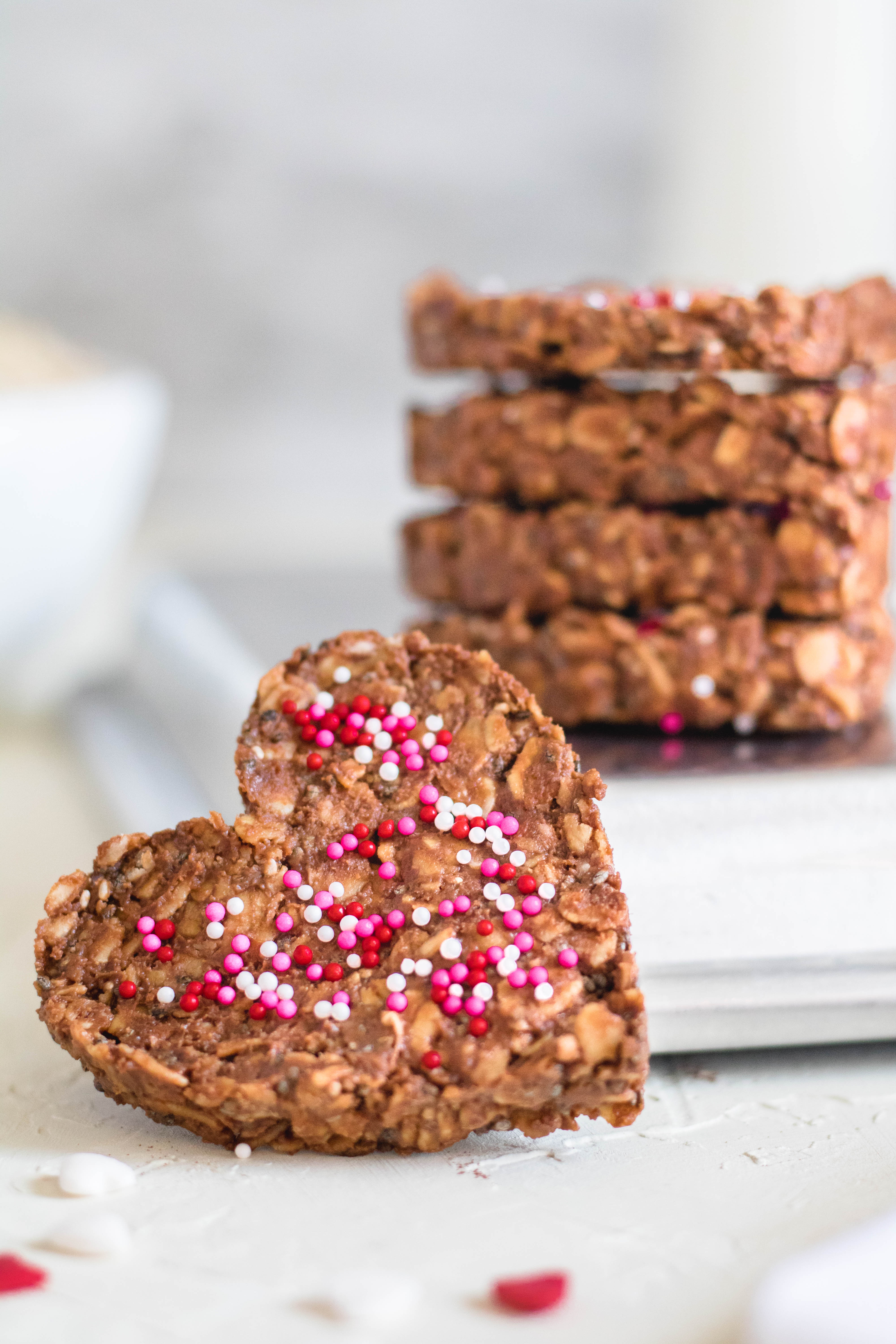 Healthy No Bake Cookies hearts with pink sprinkles