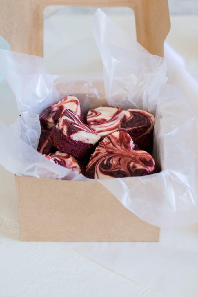 gift box of red velvet brownies