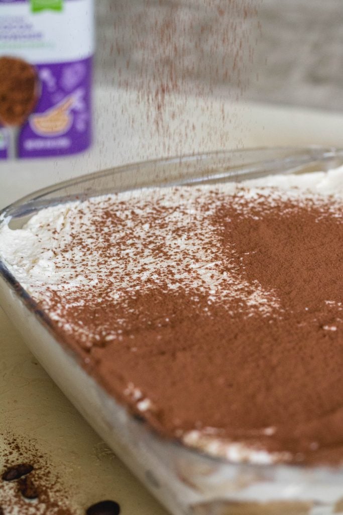 Cocoa powder on easy tiramisu