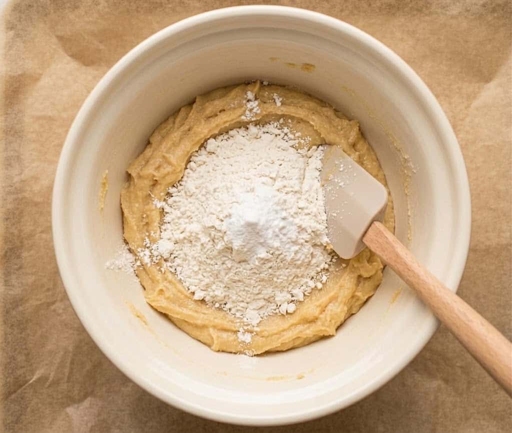 Flour, cornstarch, and baking soda spooned over the creamed butter mixture before stirring them together.
