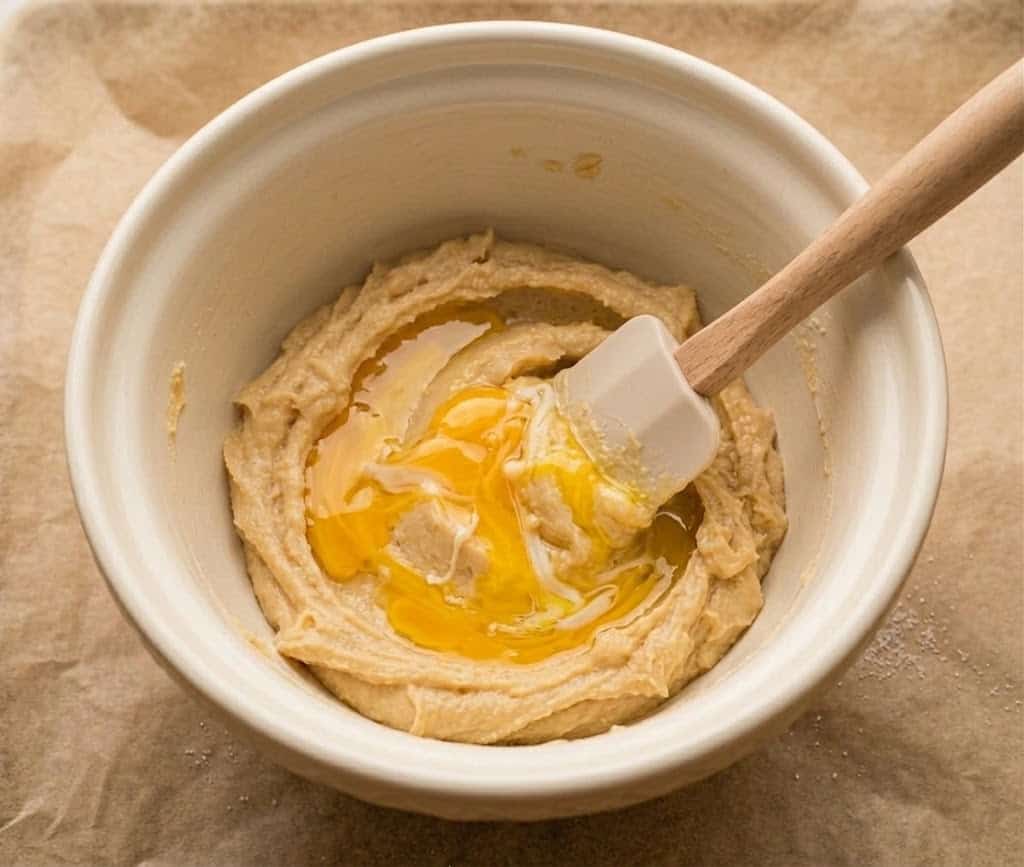 Creamed butter and brown sugar in a mixing bowl with a single broken egg yolk resting on top.
