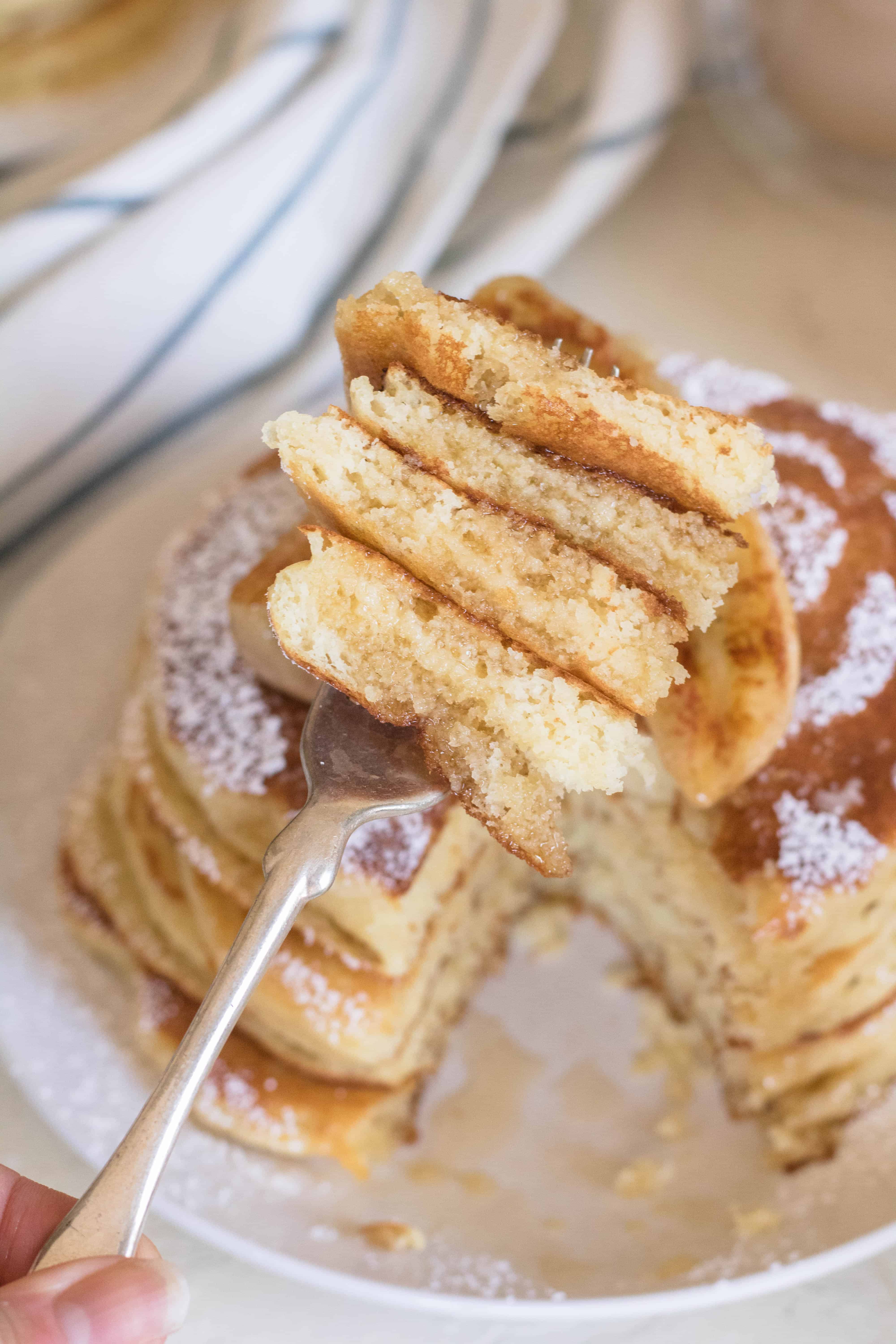 Fork full of boxed pancakes to show texture