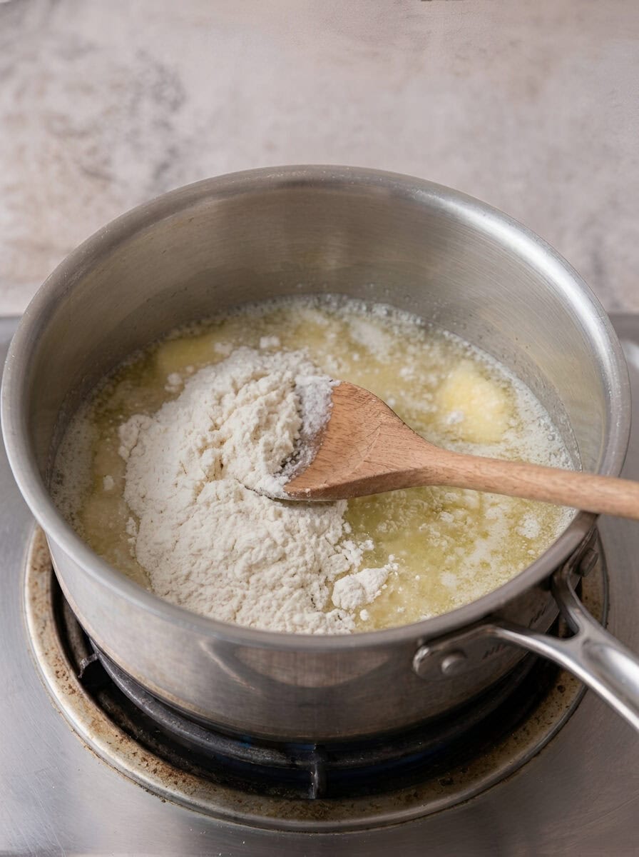 Churro dough being stirred into a smooth ball in a saucepan.