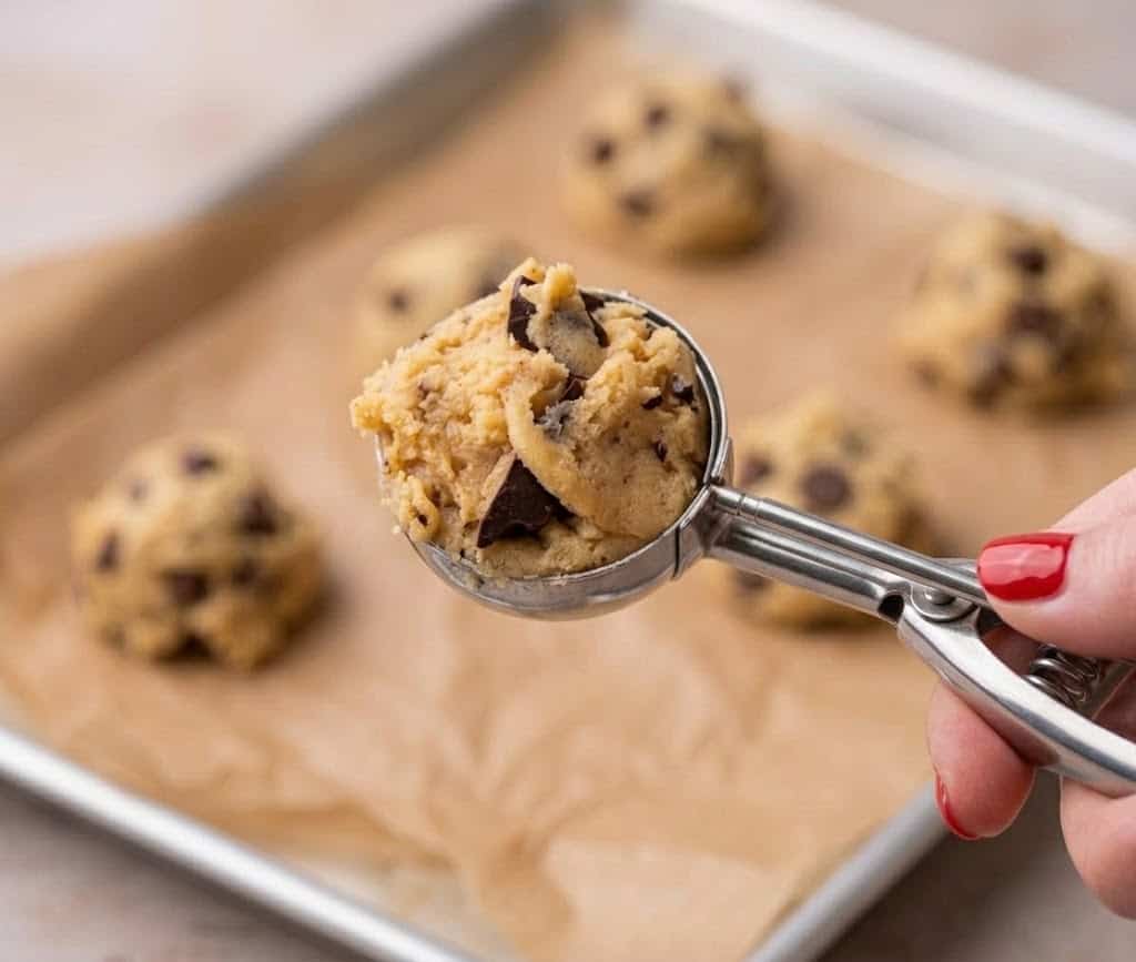 A cookie scoop holding a two tablespoon ball of chocolate chip cookie dough over the bowl.