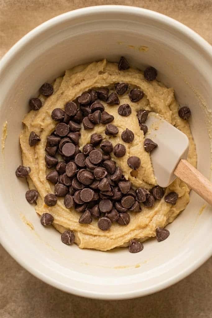 Semi-sweet chocolate chips piled on top of pale cookie dough, ready to be folded through.