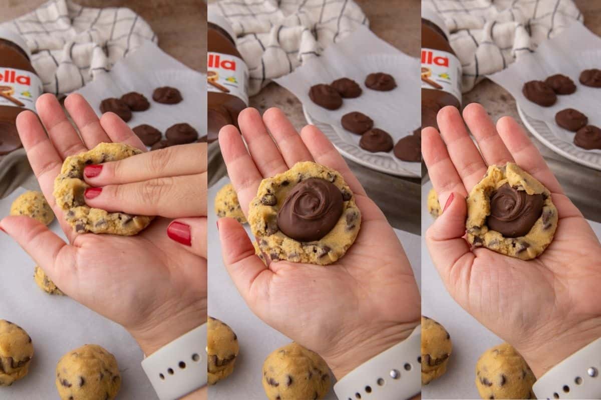 Step-by-step process showing how to stuff cookie dough with frozen Nutella