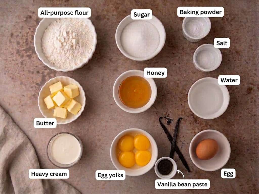 Labeled ingredients for honey tea cake loaf including flour, butter, honey, eggs, cream and vanilla.