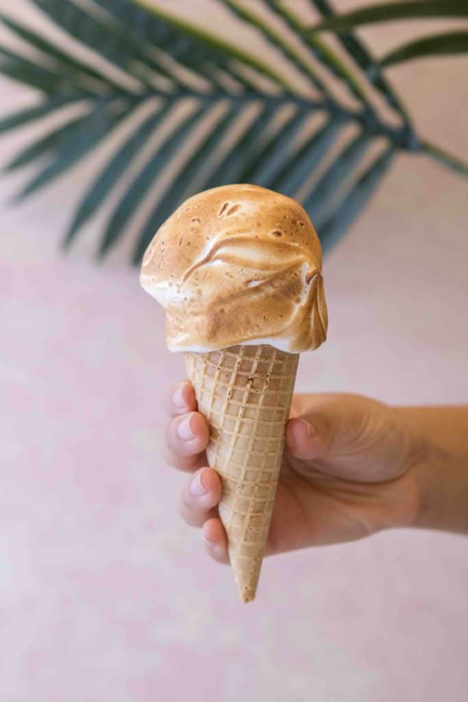Raspberry sorbet with toasted meringue in a cone