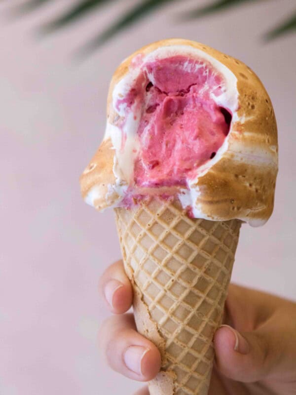 Raspberry sorbet with toasted meringue in a cone