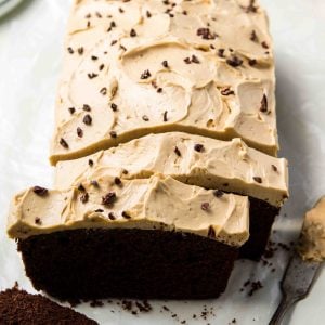 Easy chocolate loaf cake with coffee frosting