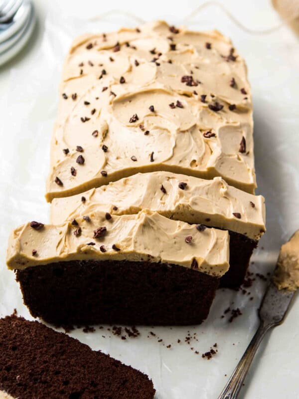 Easy chocolate loaf cake with coffee frosting