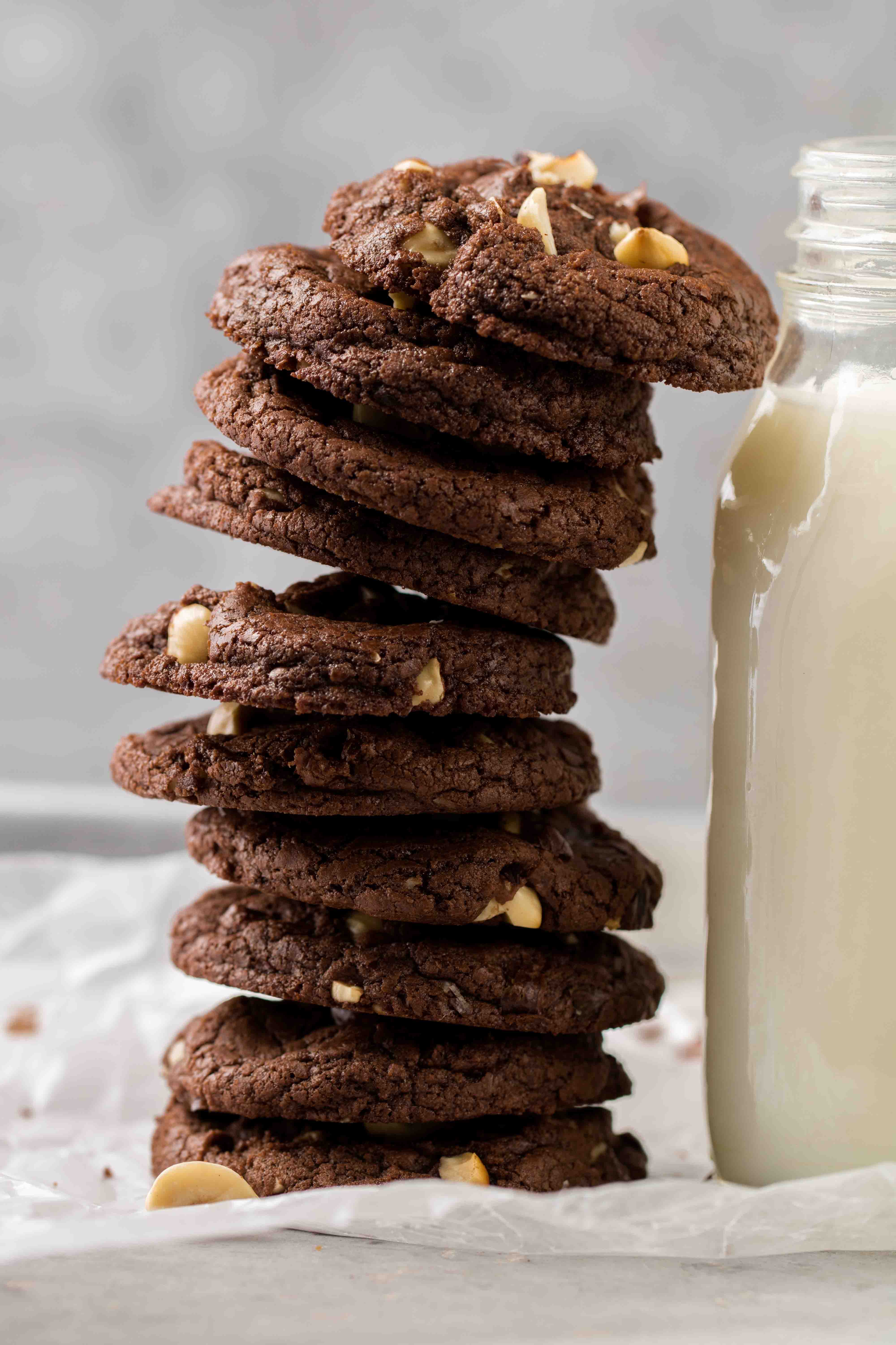 Easy brownie hazelnut cookie stack next to milk