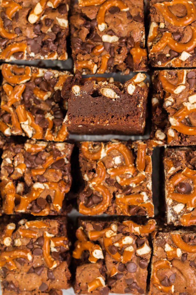 Pretzel brownies made with melted chocolate