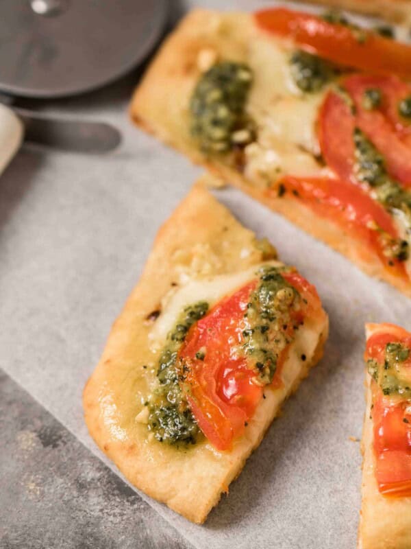Slice of margarita pesto pizza