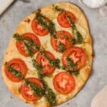 flat bread margarita pizza with pesto drizzle