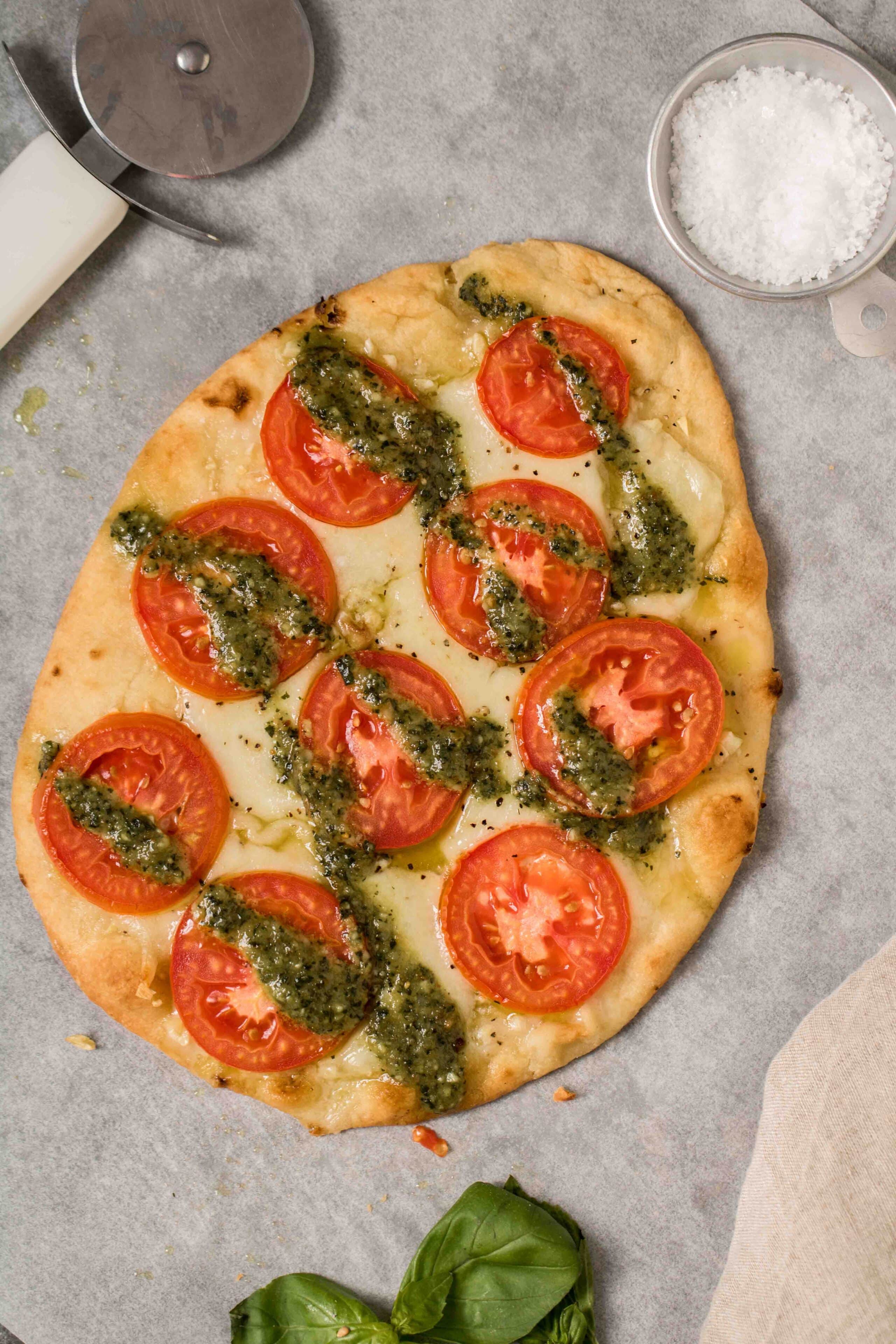 Easy flat bread margarita pizza with pesto and basil