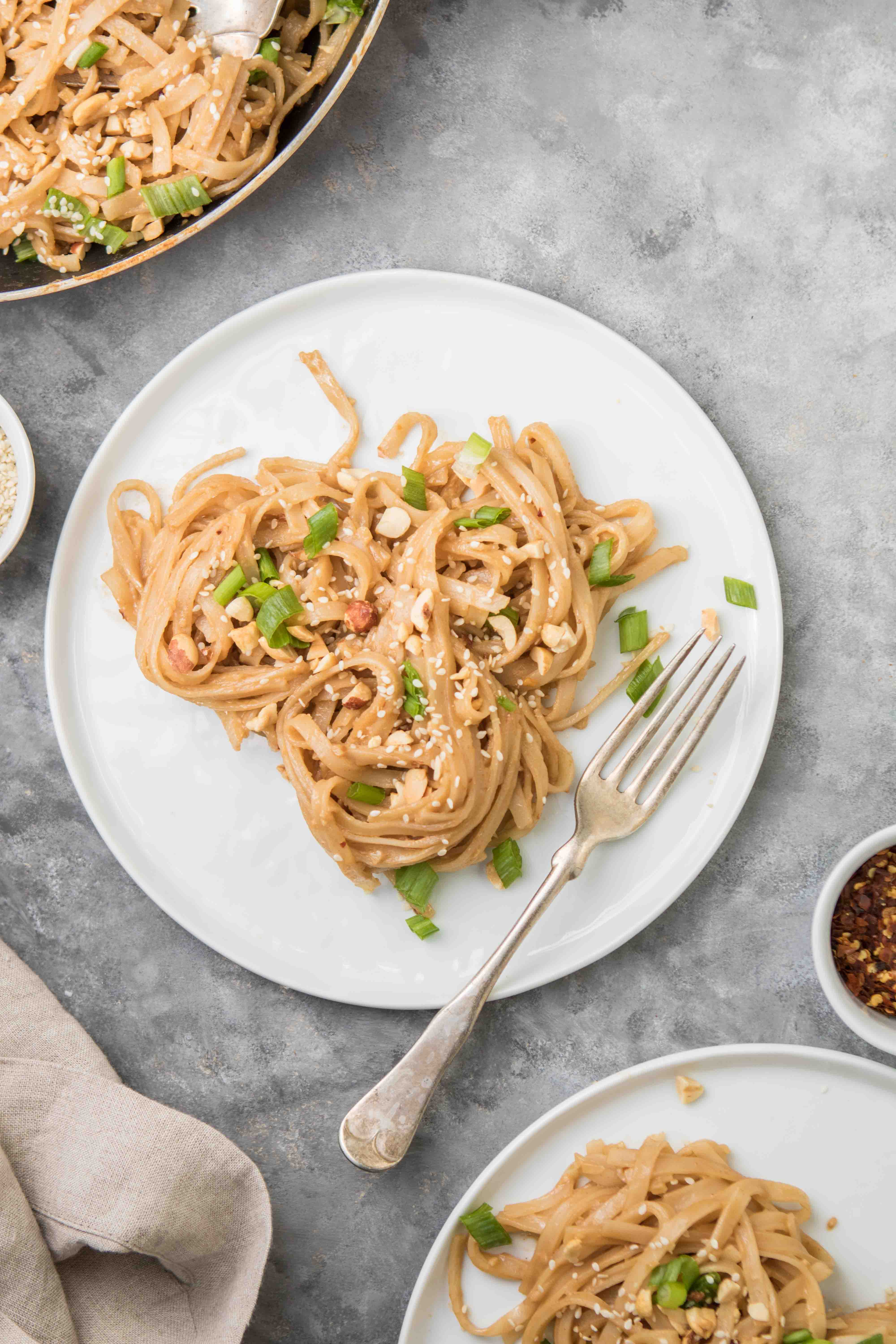 Flatlay photography of peanut butter noodles with a fork on the side