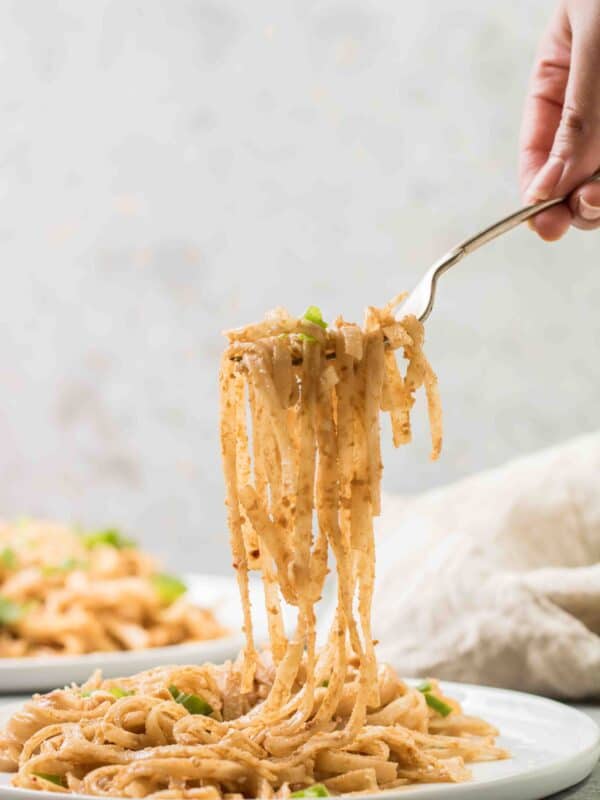Peanut butter noodles lifted with a fork
