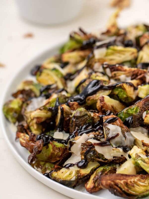 Air frier Brussel sprouts with parmesan and balsamic glaze