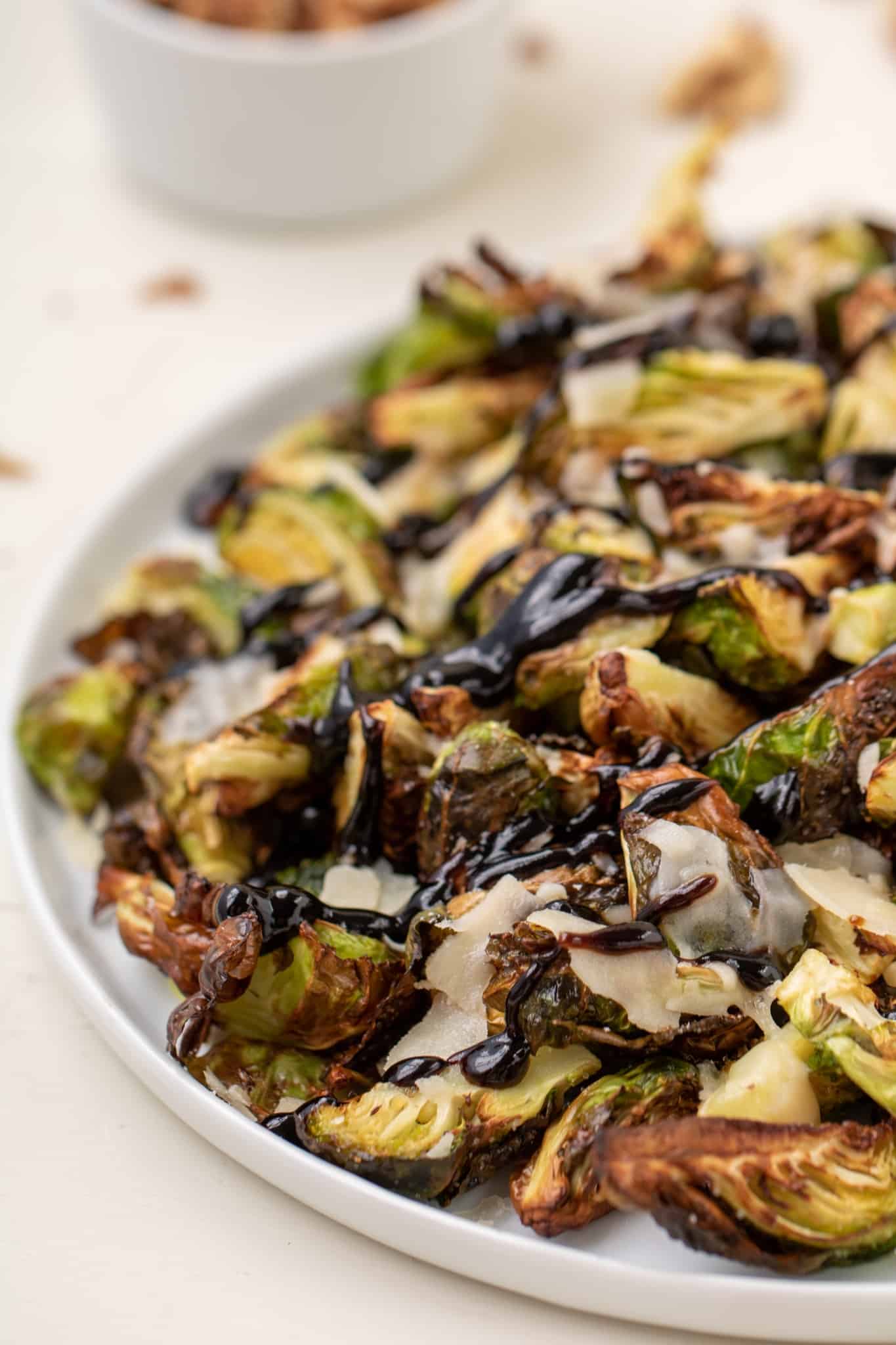 Air frier Brussel sprouts with parmesan and balsamic glaze