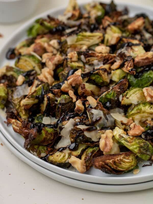 Side shot of brussel sprouts with balsamic glaze