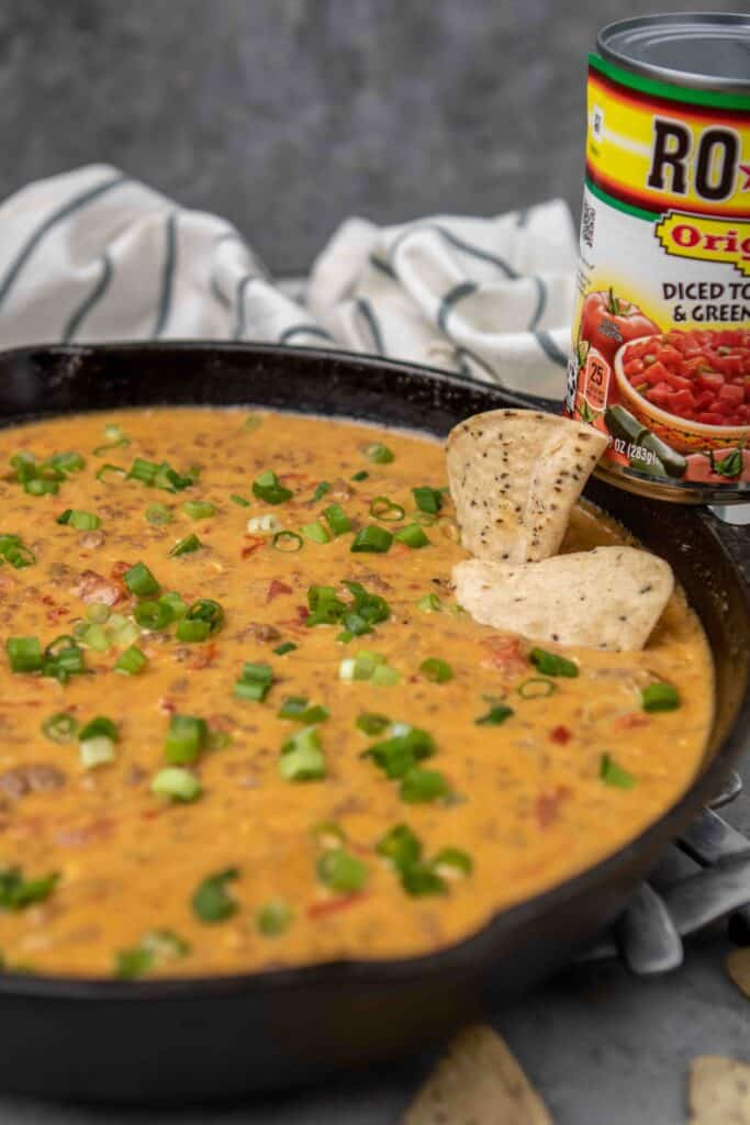 Rotel dip in a cast iron pan
