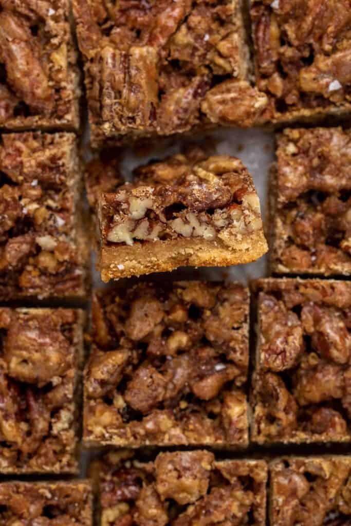 Close up shot of pecan pie bars