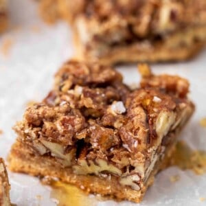 Pecan pie square close up