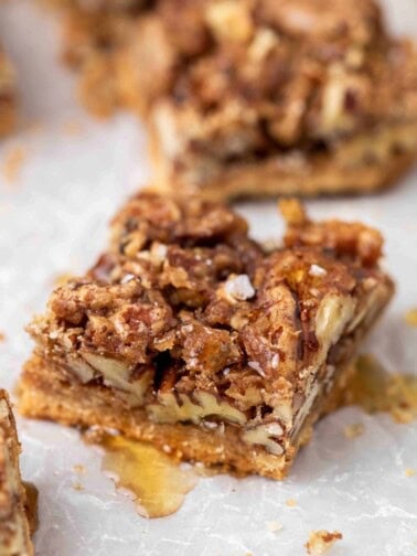 Pecan pie square close up