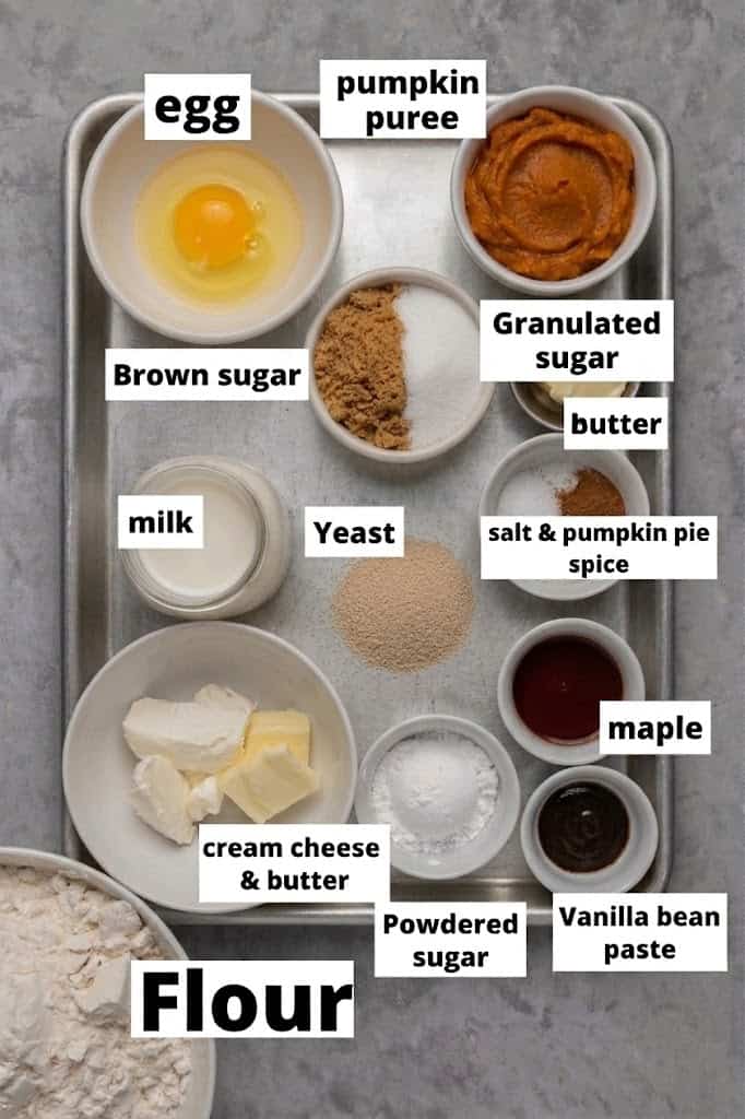 Labeled bowls of milk, flour, pumpkin puree, egg, butter and yeast for the dough.